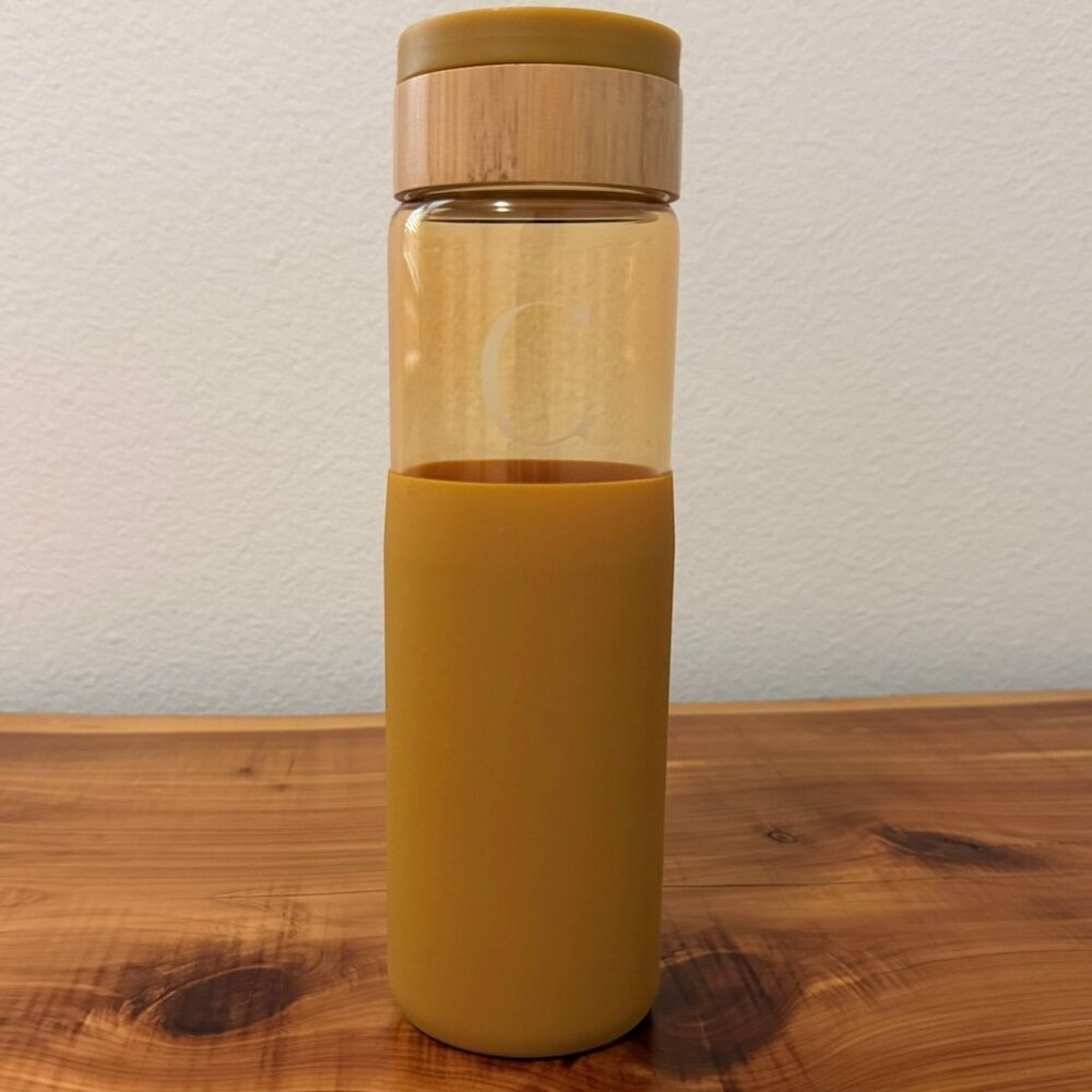 by Anthropologie Siena Mustard Yellow Glass Bottle "C" Inital